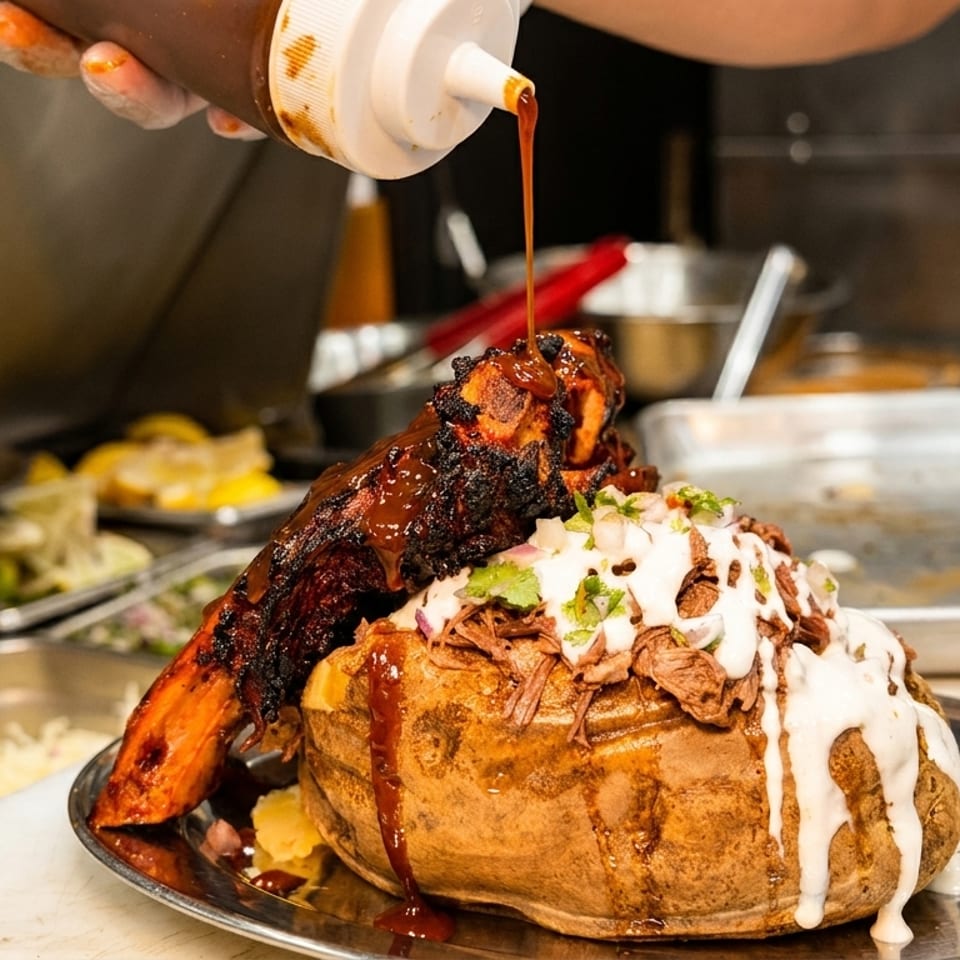 Chef pouring BBQ sauce over a loaded baked potato with ribs, topped with meat and white sauce.