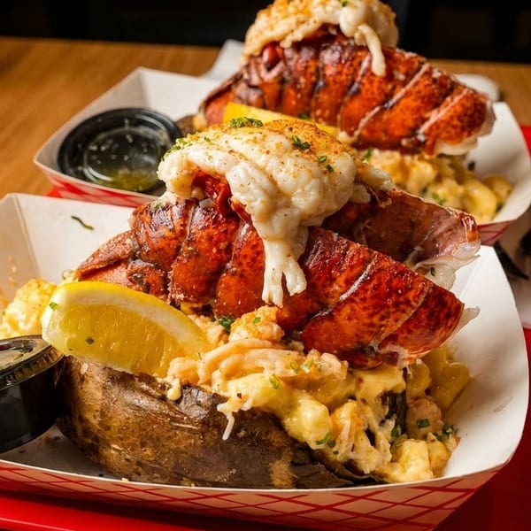 Two lobster tails on baked potatoes with mac and cheese, lemon, and butter sauce.