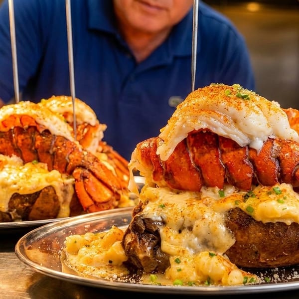 Two plates of baked potatoes topped with creamy mac and cheese and large lobster tails.