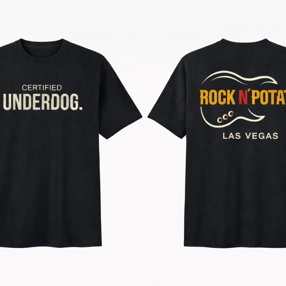 Front and back of a black t-shirt with "CERTIFIED UNDERDOG" and "ROCK N' POTATO LAS VEGAS" designs.
