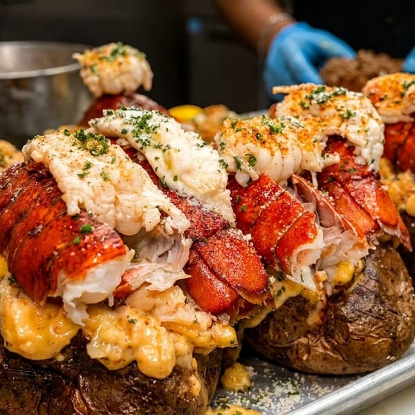 Four large baked potatoes topped with generous portions of lobster tail and mac and cheese.