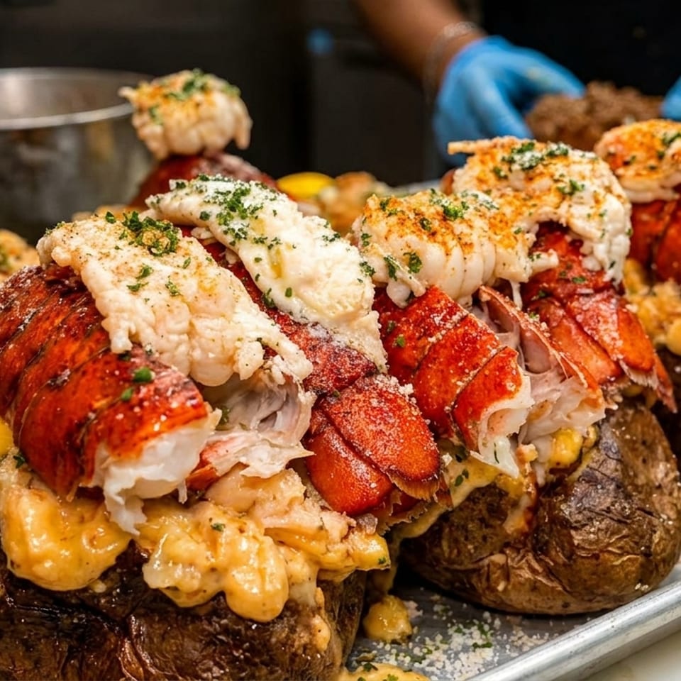 Four large baked potatoes topped with generous portions of lobster tail and mac and cheese.